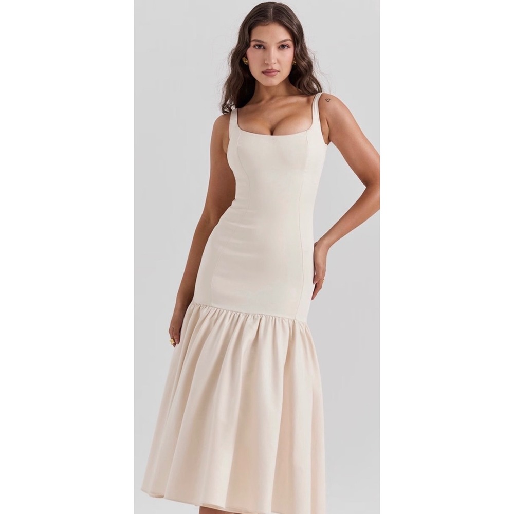 House of CB Amore Dropped Waist Midi Dress Cream Off White Size L+
